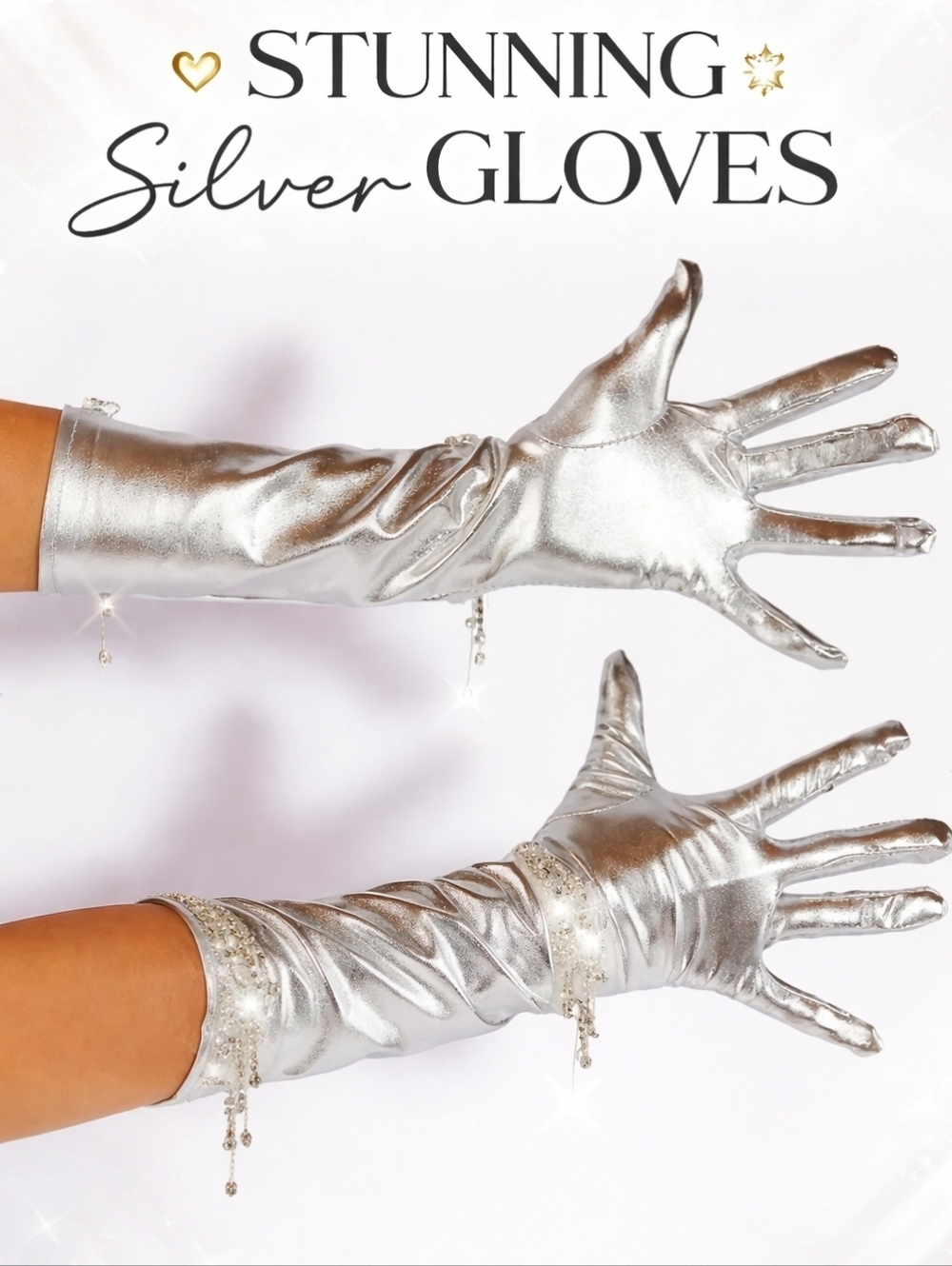 Silver Rhinestone Opera Gloves Formal Evening Satin Costume Glam Silver Gloves